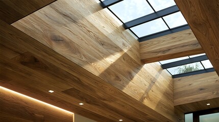 Obraz premium Hand brushed oak panel revealing subtle tactile grain enhanced by matte natural oil finish beneath architectural skylight premium interior material background