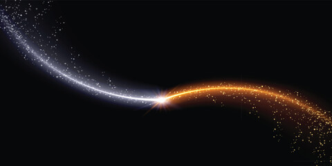 Abstract black background with gold and silver glowing light streaks colliding with sparkle stars particles. Modern futuristic magic energy backdrop design for panoramic banners and headers. © sofyanmardianto