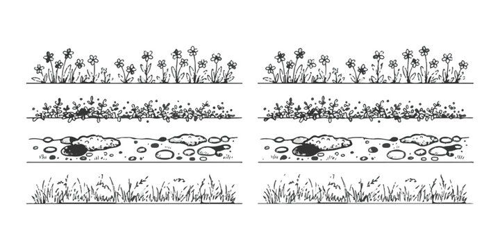 Set of hand drawn nature borders with flowers grass and rocks in a sketch style