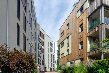 Fototapeta premium Modern apartment buildings with natural wood facades in Moss, Norway