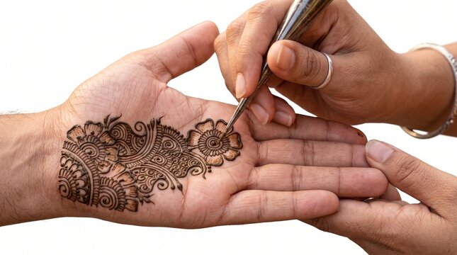 Artist Applying Intricate Henna Mehndi Design On Hand With Cone Close Up White Background Isolated Cutout PNG