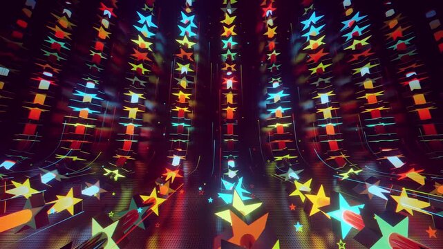 Seamless VJ loop with glowing neon stars abstract structure and psychedelic motion for high-tech club visuals, electronic music festivals, stage screens and for LED video walls