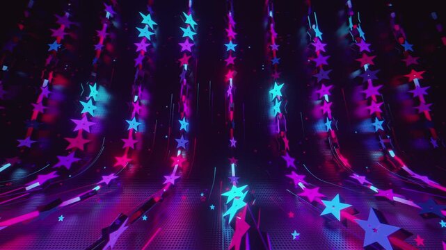 Seamless VJ loop with glowing neon stars abstract structure and psychedelic motion for high-tech club visuals, electronic music festivals, stage screens and for LED video walls
