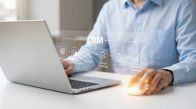 CRM customer relationship management diagram showing data collection, analysis, and strategy execution.