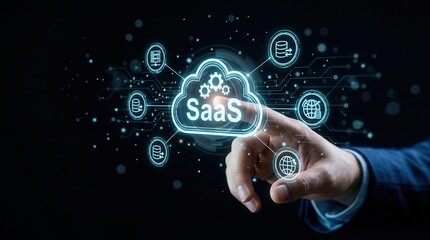 Fototapeta premium SaaS deployment and integration model visualized through a glowing cloud icon and digital interface.