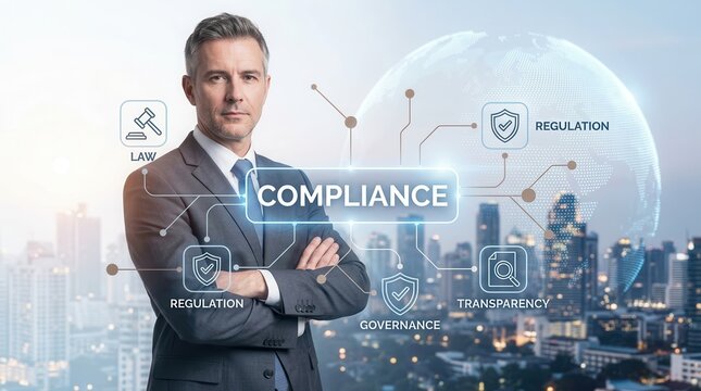 Business compliance infographic showing regulation, governance, and transparency in a global economy.