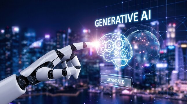Generative AI concept with a robotic hand interacting with a digital brain and machine learning interface