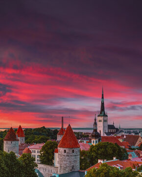 Tallinn Old Town panorama at an intense red sunset