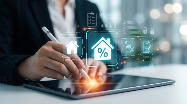Real estate investment concepts including mortgage rates, property tax, and contracts on a tablet.