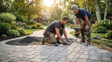 Fototapeta premium Professional men working as a team to design and construct a large home landscape with paving stone bricks.
