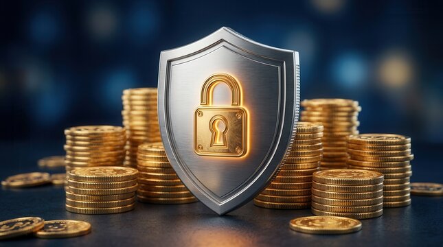 Digital banking and encryption concept featuring a protective shield and stacks of coins.