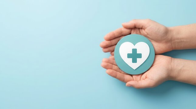 Healthcare insurance and wellness icon presented in open palms for medical care and welfare access.