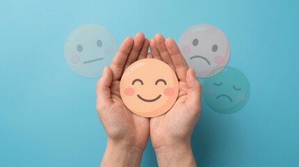 Plakat World mental health day concept featuring a happy smile face held in hands against blue background.