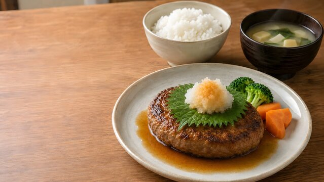 japanese hamburger steak set with grated daikon and rice