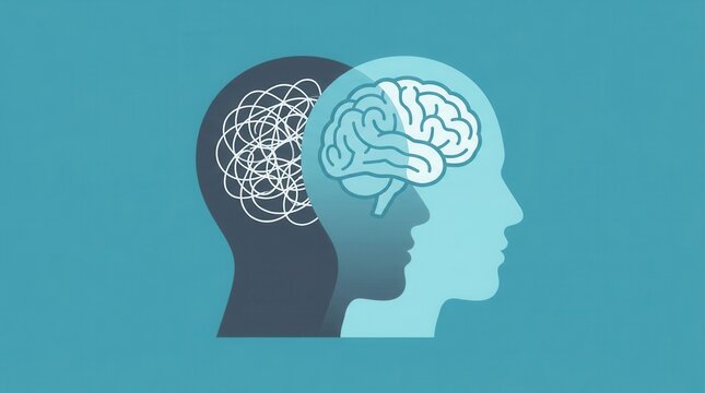 Mental health and psychology concept featuring the contrast between a messy brain and rational thought.
