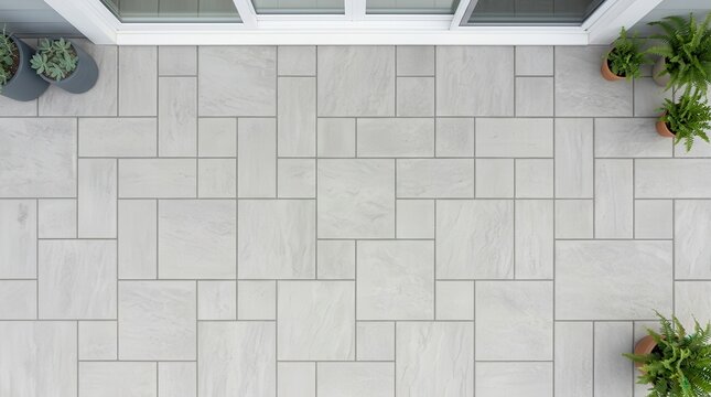 A patterned stone layout on a light grey concrete paved patio viewed from above.
