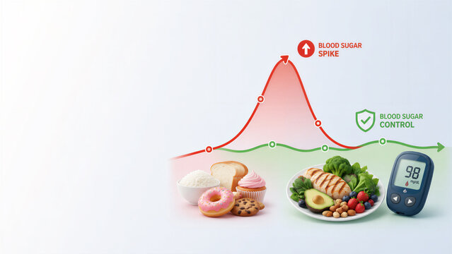 Blood sugar curve comparing sugary foods and healthy meal