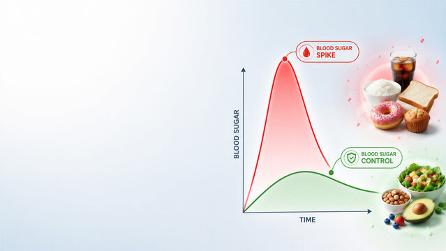 Blood sugar spike and control graph with food illustrations
