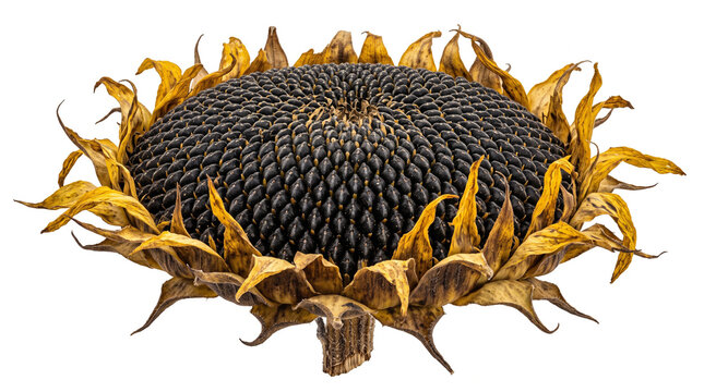 Massive mature sunflower head completely filled with perfectly arranged dark seeds surrounded by withered yellow petals