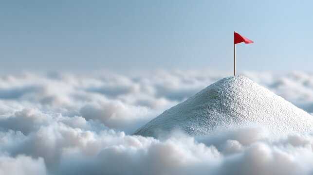 A snowy mountain peak rises above fluffy clouds, crowned by a red flag. This inspiring scene captures achievement, success, and the culmination of a challenging journey.