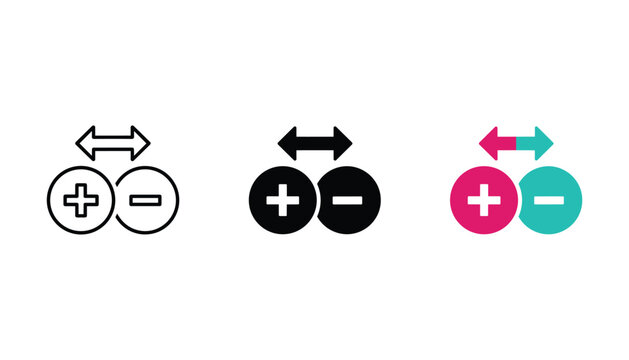 Three scientific icon variations of positive and negative charge particles with bidirectional arrows for physics and chemistry diagrams in clean flat vector graphic for educational use