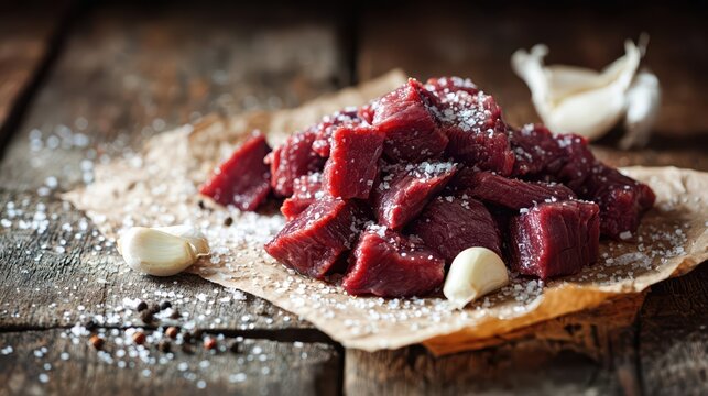 Fresh beef cubes sprinkled with coarse salt and garlic cloves on rustic paper. Raw meat ingredients ready for gourmet cooking in a rustic kitchen setting.