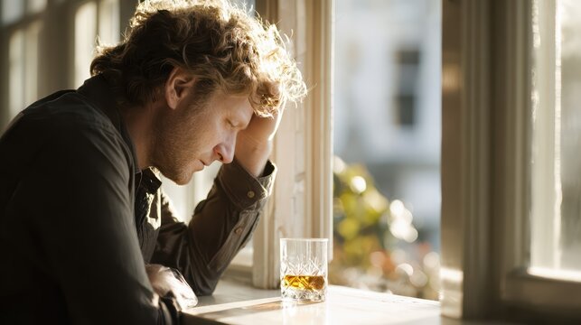 A man sits alone by a window, head in hand, deep in thought next to a glass of whiskey. Sunlight highlights his emotional struggle and sense of loneliness.