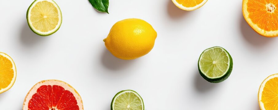 A vibrant flat lay of assorted citrus fruits including lemons, limes, oranges, and grapefruits fills the frame. Bright colors and juicy textures pop in this modern minimal food arrangement.