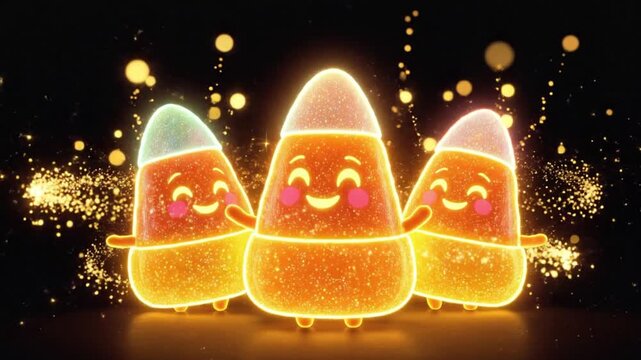 Glowing animated candy corn characters dancing with soft light and cheerful expressions. Bright Halloween‑themed motion perfect for festive graphics, cute seasonal clips, and playful holiday content.