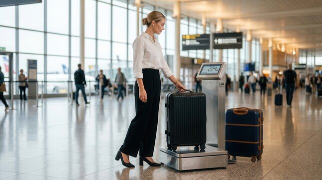 A traveler prepares for flight by weighing her suitcase to avoid airline extra fees.