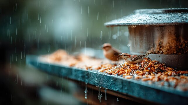 Two sparrows feed on wet seeds at a bird feeder during heavy rain. Raindrops and glistening feathers capture nature&rsquo;s resilience in inclement weather.