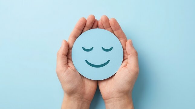 Concept of mental health assessment with hands cradling a blue smiley face paper cutout.