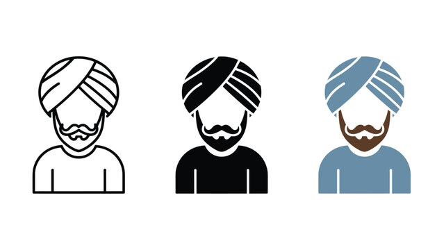 Minimalist avatar icon set featuring a man wearing a traditional turban and mustache in linear solid and flat colored vector styles for profile pictures and user identity graphics