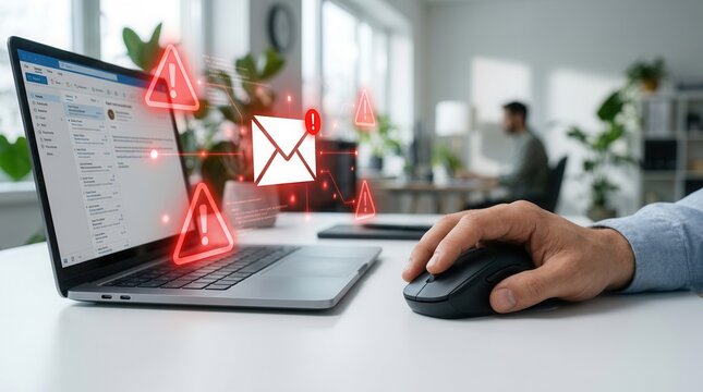 Cybersecurity risk concept showing a person using a laptop with phishing and spam alert icons.