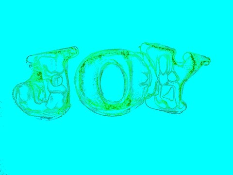 Abstract word JOY in vibrant lime green line art on bright turquoise background, solarized pop art typography illustration
