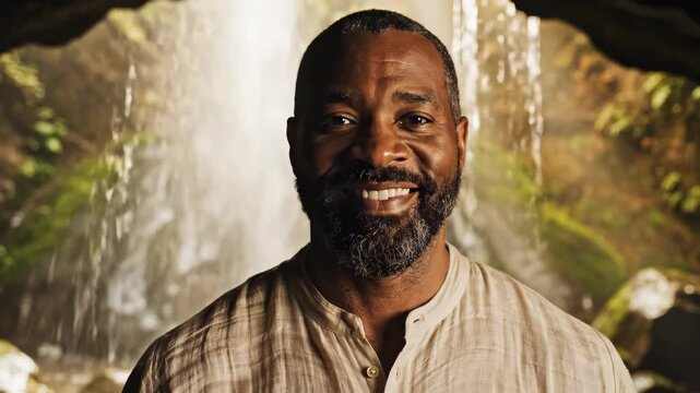 Man Smiling in Front of Waterfall.