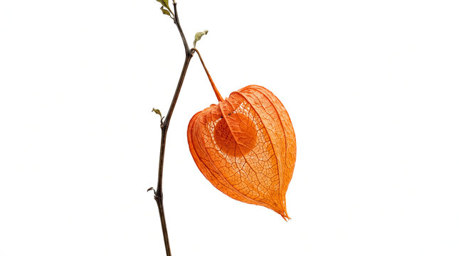 Delicate translucent bright orange papery calyx of a Chinese lantern plant hanging from a slender brown stem