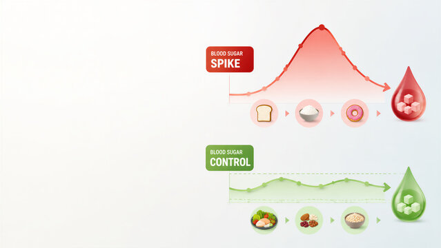 Blood sugar spike and control diagrams with food icons