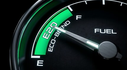 Naklejka premium Car fuel gauge indicating full tank of eco-friendly E20 fuel ready for energy transition
