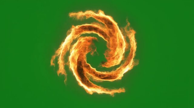 3D fire tornado swirling in motion on green screen. Hyper-realistic CGI flame vortex for VFX compositing and visual effects.