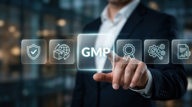 GMP concept featuring a professional touching digital icons for regulatory compliance and certification.