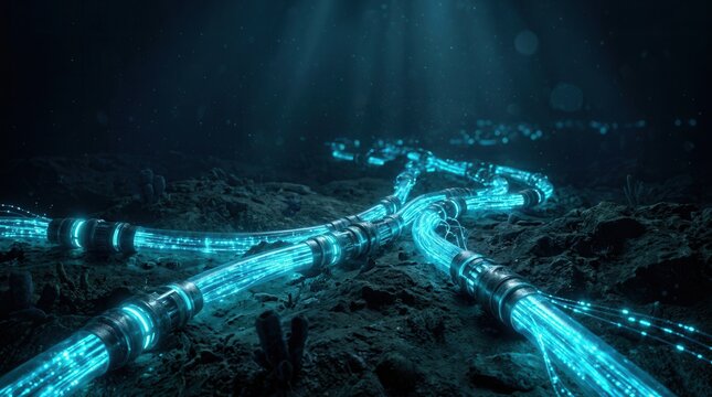 Network infrastructure concept showing glowing fiber optic cables on the seabed.