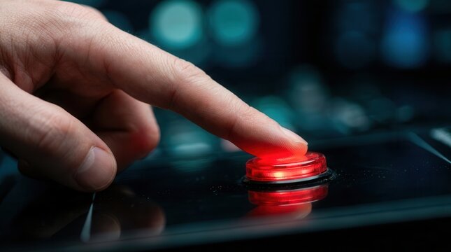 Urgent crisis management concept showing a person activating a red alarm button on a dark surface.