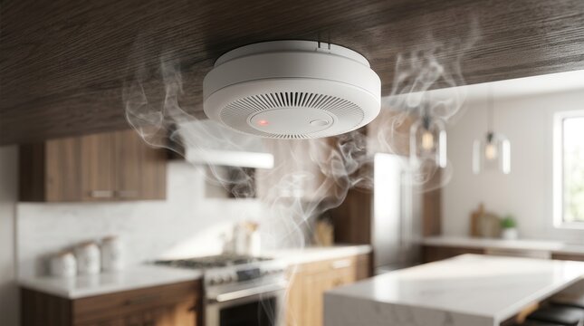 A ceiling smoke detector being tested with smoke during a professional safety inspection.