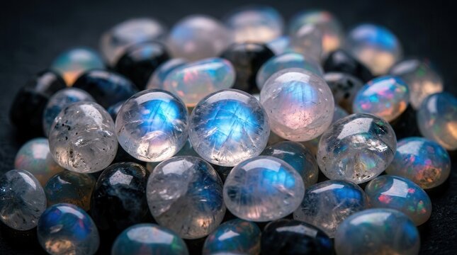 Ethereal blue and pink iridescent moonstone and opal gemstones on a dark background.