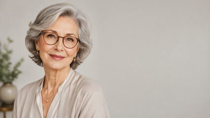Fototapeta premium Senior woman smiling in neutral indoor portrait setting