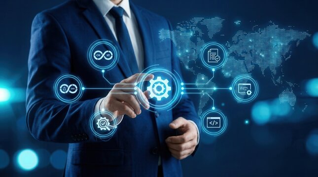 A professional managing automated testing, code deployment, and monitoring via digital agile pipelines.