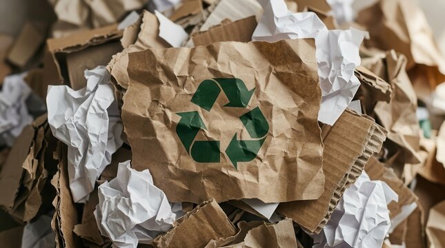 Pile of recycled paper and cardboard items featuring the green recycling logo.