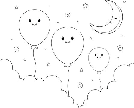 Cute happy balloons with moon and stars in the night sky