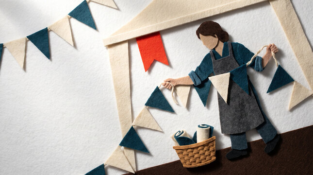 Woman hanging decorative flags at a festive outdoor market stall  